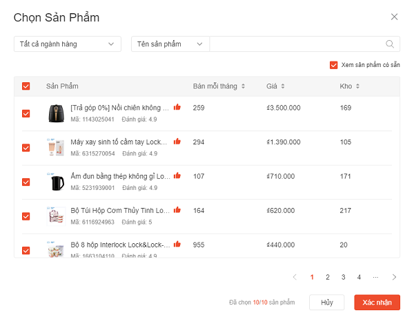 Chọn sản phẩm và Xác nhận