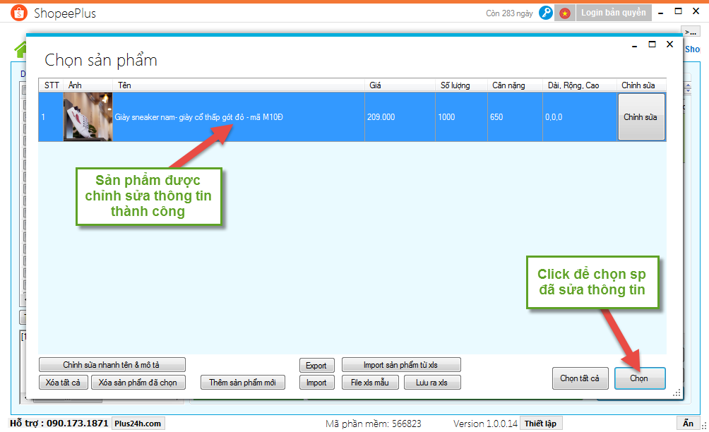 Chọn sản phẩm đã chỉnh sửa thông tin